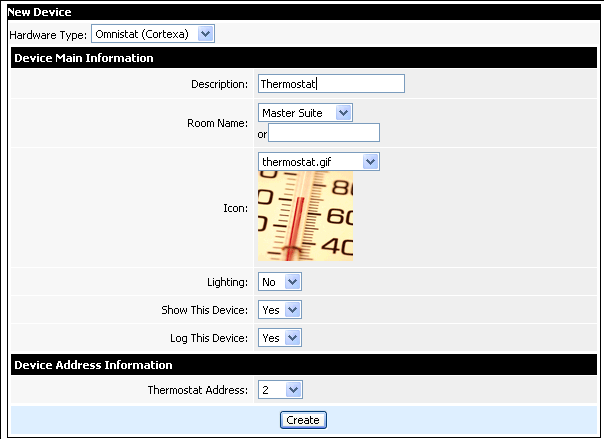 OMNISTAT thermostat Device Setup Screen